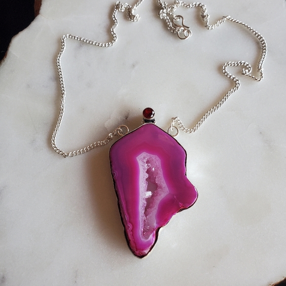 New Pink Agate Druzy & Garnet 925 Silver Necklace. - Picture 8 of 14